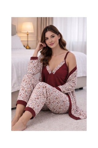 Pemilo Kadın 4053 3'lü Viscon Sabahlık Pijama Takımı Bordo