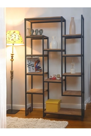 Çam Rengi Ahşap Raflı Metal Kitaplık 12 Raflı Ünite