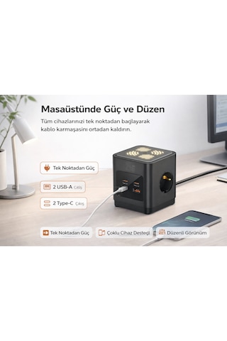 3680w 3 Lü Çoklu Priz 2 Usb 2 Type-c Gece Işıklı Masaüstü Küp Priz Şarj İstasyonu 1 - 3 M