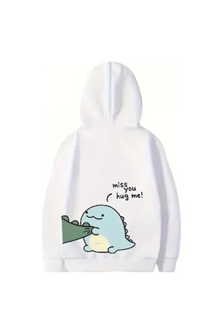 Efnaz Style Sevgililer Günü Baskılı Oversize Kapüşonlu Sweatshirt Hoodie - Beyaz