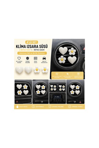 Beyaz Kalp & Çiçek Araç Klima Izgara Süsü 4 Lü Set Dekoratif Oto Aksesuar