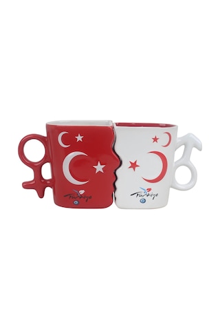 Ay Yıldız Ruh İkizi Tasarımlı Türk Bayraklı 2li Porselen Kupa Fincan Seti 250 Ml Büyük Boy Kırmızı - Beyaz