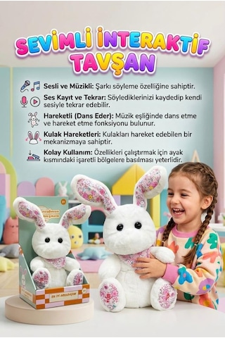 Tatlı Arkadaşım Tavşan Müzikli Sesli Ses Kaydı Ve Ses Tekrarı Yapan Hareketli Kulaklı Oyuncak Peluş Beyaz