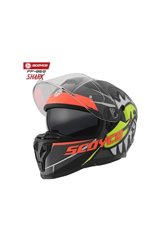 Scoyco FF-869 Shark Güneş Vizörlü Kapalı Kask Kırmızı - Neon Sarı - Siyah