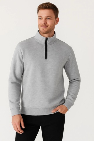 Novalisse Erkek Dik Yaka Yarım Fermuarlı 3 İplik Pamuklu Sweatshirt - Gri Çoklu Renk