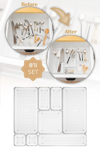 Vienev 8li Şeffaf Çekmece İçi Düzenleyici Organizer 2x B.k. Dkdrtgn K.kare 1x D.dkdrtgn B.kare