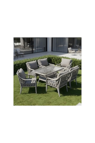 Dora Garden Home Defne 6 Kişilik Rattan Bahçe Balkon Mutfak Masa Takımı Açık Gri Siyah Çizgili