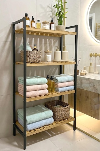 Exent, Dekoratif 4 Raflı Banyo Rafı, Banyo Organizer, Havluluk, Banyo Dolabı, Metal İskelet Ahşap