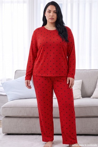 Siyah İnci Kırmızı Desenli Termal Kumaşlı Ultra Soft Yumuşak Büyük Beden Battal Boy Örme Pijama Takımı 26226727