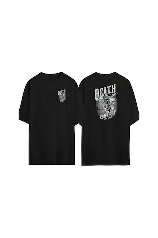 Thewert Unisex Yaşamak İçin Ölüm Ülkesi Ön Arka Baskılı Sıyah Oversize T-shirt Siyah