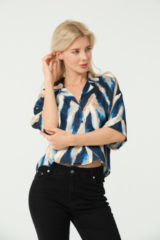 Saten V Yaka Crop Gömlek Multi Lacivert