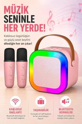 Coverzone Kablosuz Mikrofonlu Karaoke Makinesi Taşınabilir Bluetooth Hoparlör Seti Bas Tiz Ayarlı Retro Karaoke Hoparlör Yetişkinler Ve Çocuklar İçin Hafıza Kartı Ve Usb 10x10x6cm Çiftli K12 -pembe