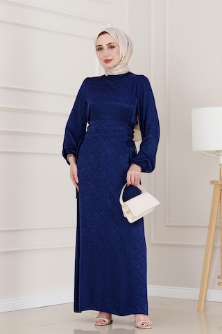 Banu Yanı Bağcıklı Saten Abiye-lacivert-4950