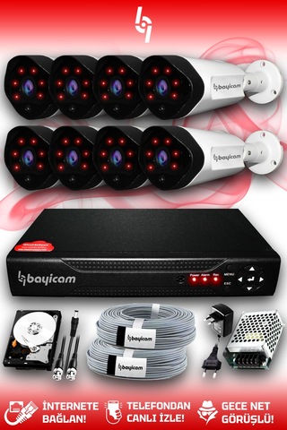 Bayicam 8 Kameralı Uzay 8 Dış Kamera Set 1 TB HDD Full HD Gece Görüşlü Güvenlik Kamerası Sistemi