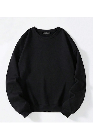 Unisex Oversize Bisiklet Yaka Basic Düz Sweatshirt - Siyah