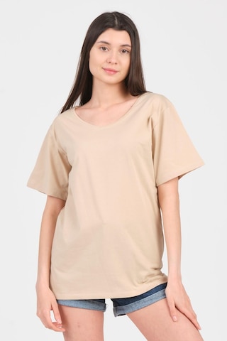 As Collection Bej V Yaka Kısa Kol Boyfriend Kadın T-shirt Bej