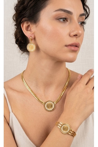 Gerdanlıklı Atatürk Gold Çelik Takı Seti Gümüş - Rose Gold