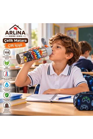 304 Paslanmaz Çelik Termos Çift İçim Modlu Kilit Kapaklı Çocuk Matarası 600 Ml Turuncu