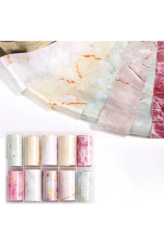 10lu Tırnak Süsleme Folyosu Renkli Mermer Dizayn Nail Art Transfer Folyo