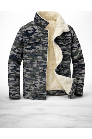 Alaska The Last Frontier Lion R İçi Kürklü Kamuflaj Desenli Denim Kumaş Kot Ceket