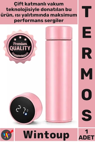 Termos Sızdırmaz Vakumlu Akıllı Led Ekranlı Dijital Sıcaklık Göstergeli Outdoor Çelik Termos Pembe Çok Renkli