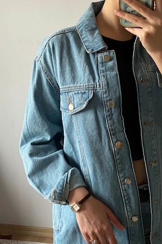 Mia Butik Kadın Mavi Gömlek Yaka Kot Ceket-1111 Mavi