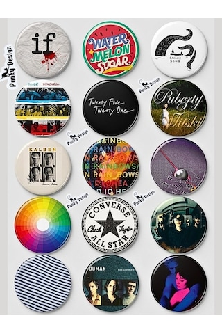 Trend-13 Indie Rock Temalı Rozet Seti 44 Mm Çanta Ceket Yaka Rozeti-15 Adet Çok Renkli