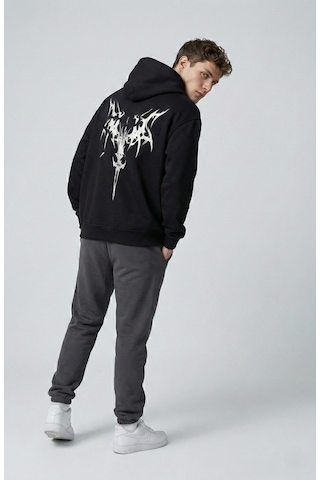 Nevermind Unisex Oversize Hoodie Grafik Sembol Baskılı Siyah