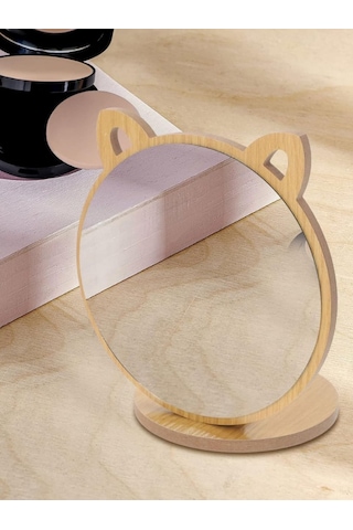 Kedi Ayna Ahşap Standlı Masa Üstü Makyaj Aynası Make Up 14 CM