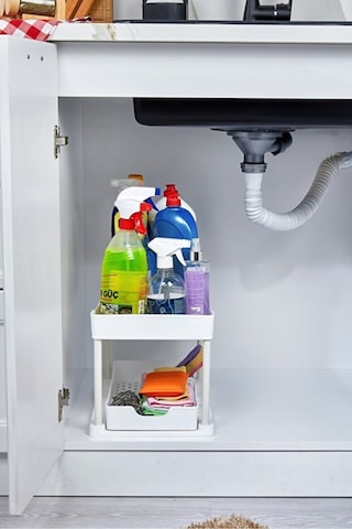 Beyaz 2 Katlı Sürgülü Dolapiçi Mutfak Banyo Dolap Tezgah Altı Evye Altı Beyaz Krom