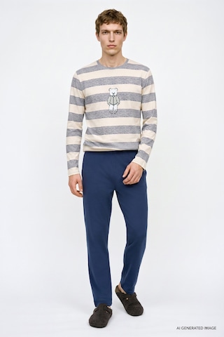 Ac&Co / Altınyıldız Classics Erkek Indıgo Ekru 2'li Yumuşak Dokulu %100 Pamuk Standart Fit Bisiklet Yaka Yan Cepli Çizgili Pijama Takımı
