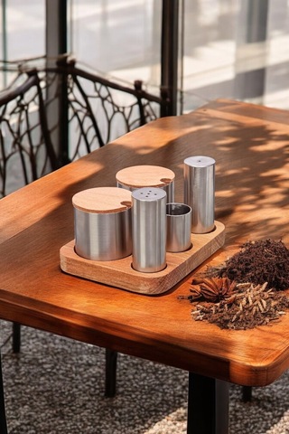 5'li Ahşap Stantlı Paslanmaz Çelik Baharatlık Ve Şekerlik Seti Kafe Restorant Set Diğer