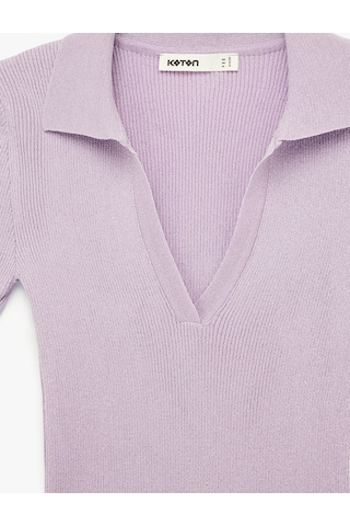 Koton Slim Fit Kısa Kollu Parıltılı Polo V Yaka Triko Kazak Lila 6sak90024ht Lila