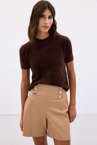 Sateen Sakallı Kısa Kol Triko - Kahve-136508 Kahve