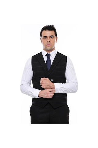 Wessi Kareli Desenli Kruvaze Yakalı Siyah Erkek Yelek 001