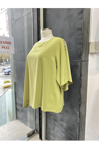 Pera Moda Yanları Boncuklu Zarif Kollu Uzun Oversize Büyük Beden Kadın Gömlek Fıstık Yeşili