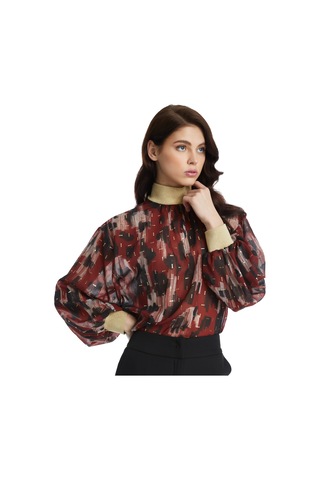 Parlak Detaylı Desenli Balon Kol Bluz Modern Yaka Ve Lastikli Bilek Tasarımıyla Şık Seçim Kiremit
