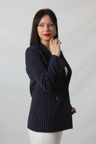 Moda Berray 1906 Lacivert Çizgili Fermuarlı Cep Aksesuarlı Kadın Büyük Beden Blazer Ceket Lacivert