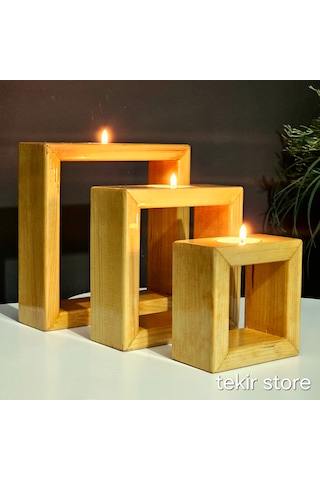 İç İçe Geçmeli 3'lü Duvara Asılabilir Mumluk Meşe Rengi