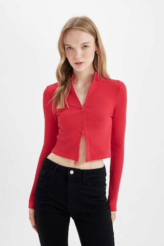Defacto Fitted Dik Yaka Basic Düz Fermuarlı Fitilli Kaşkorse Crop Kırmızı Hırka D5124AX24AURD54 Kırmızı