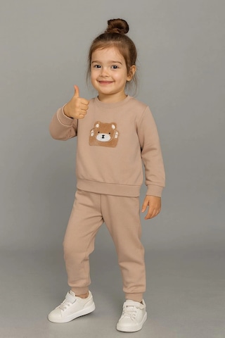 Sevimli Ayıcık Nakışlı %100 Pamuk 2 Li Çocuk Eşofman Takımı Kahverengi