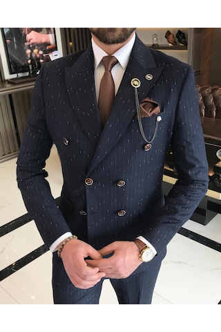 İtalyan stil slim fit çizgili kruvaze ceket pantolon takım elbise lacivert T9501-Lacivert