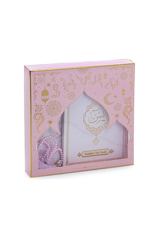 Pembe Çeyizlik Seccade Seti Gelin Bohçasına Uygun Dini Hediyelik İsme Özel Yasin Kitabı 001