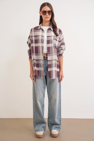 4752 Kadın Oversize Ekose Gömlek Bordo Bordo