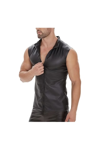 Deri Dik Yaka Sıfır Kollu Yelek Siyah