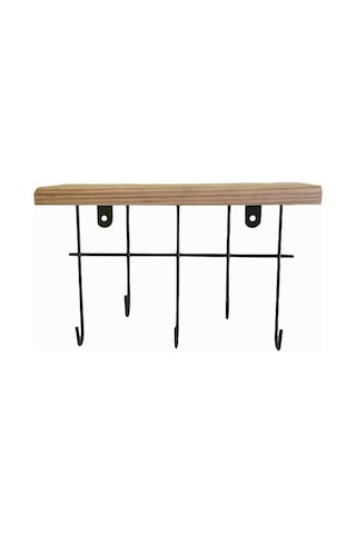 Dekoratif Askı 5'li Askılık Organizer Ahşap Raf Siyah