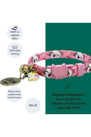 Caramelos İsimli Güvenlik Kilitli Kedi Tasması Pembe