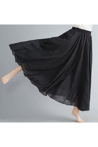 Yaz Sonbahar Kadın Etek Edebi Büyük Boy Pamuk Keten Yarım Etek Elastik Bel Keten A-line Etek Uzun Bölüm Saf Renk Rüzgar Salıncak Etek Siyah