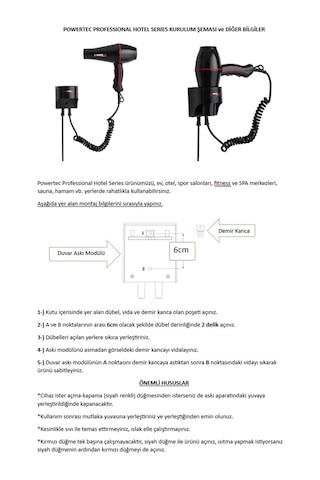 Powertec TR-301 Askı Aparatlı Otel Tipi Profesyonel Saç Kurutma & Fön Makinesi