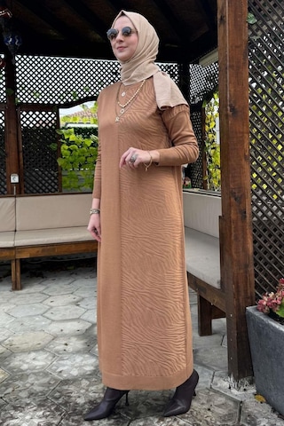 Rabia Şamlı Zebra Desen Triko Elbise Camel Normal